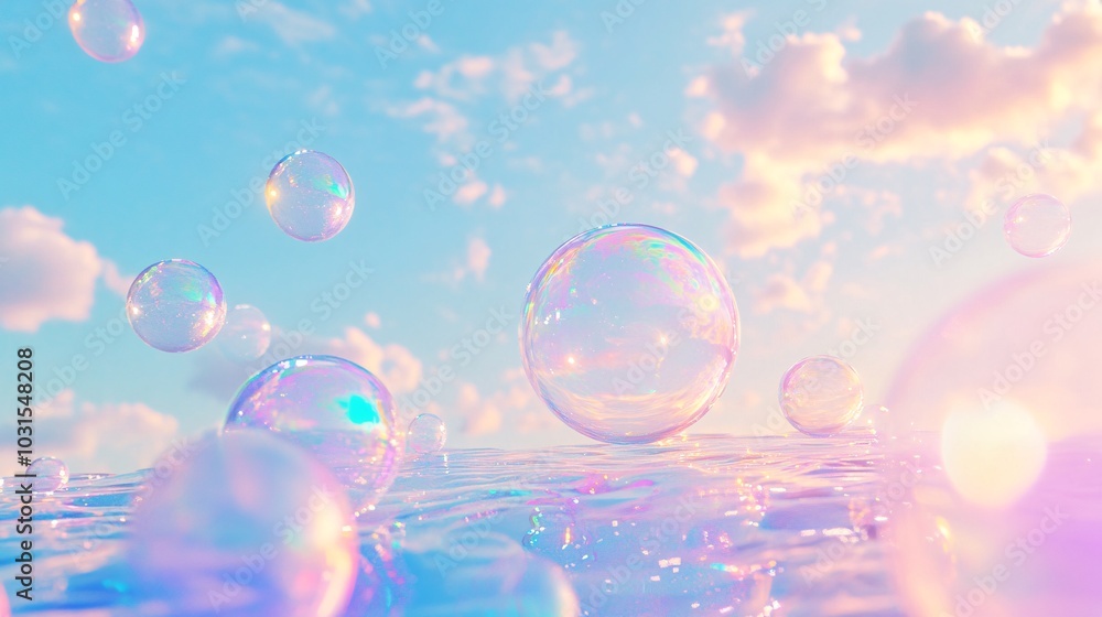 2408 71.A mesmerizing 3D scene of holographic soap bubbles floating against a serene sky. The bubbles are iridescent, reflecting pastel tones of light as they drift in the air. Fluid and liquid-like, 2408 71.A mesmerizing 3D scene of holographic soap bubbles floating against a serene sky. The bubbles are iridescent, reflecting pastel tones of light as they drift in the air. Fluid and liquid-like,