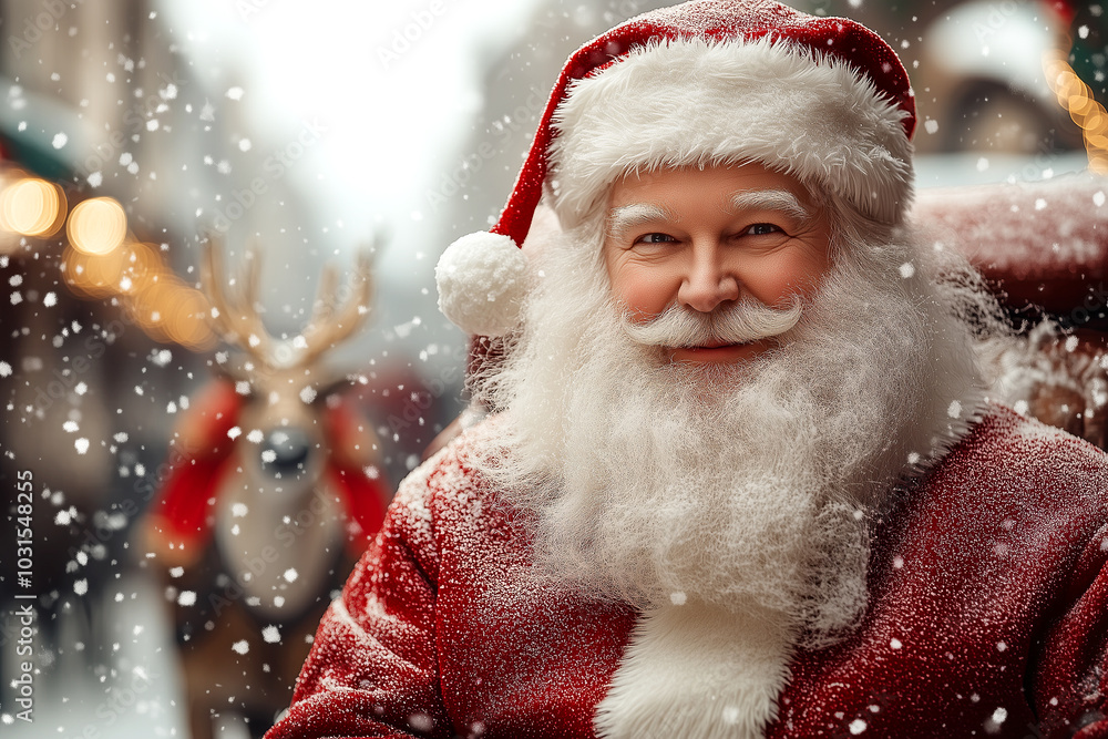 A smiling Santa Claus with a red hat and beard is standing in the snow. He is surrounded by reindeer and he is in a festive mood A smiling Santa Claus with a red hat and beard is standing in the snow. He is surrounded by reindeer and he is in a festive mood