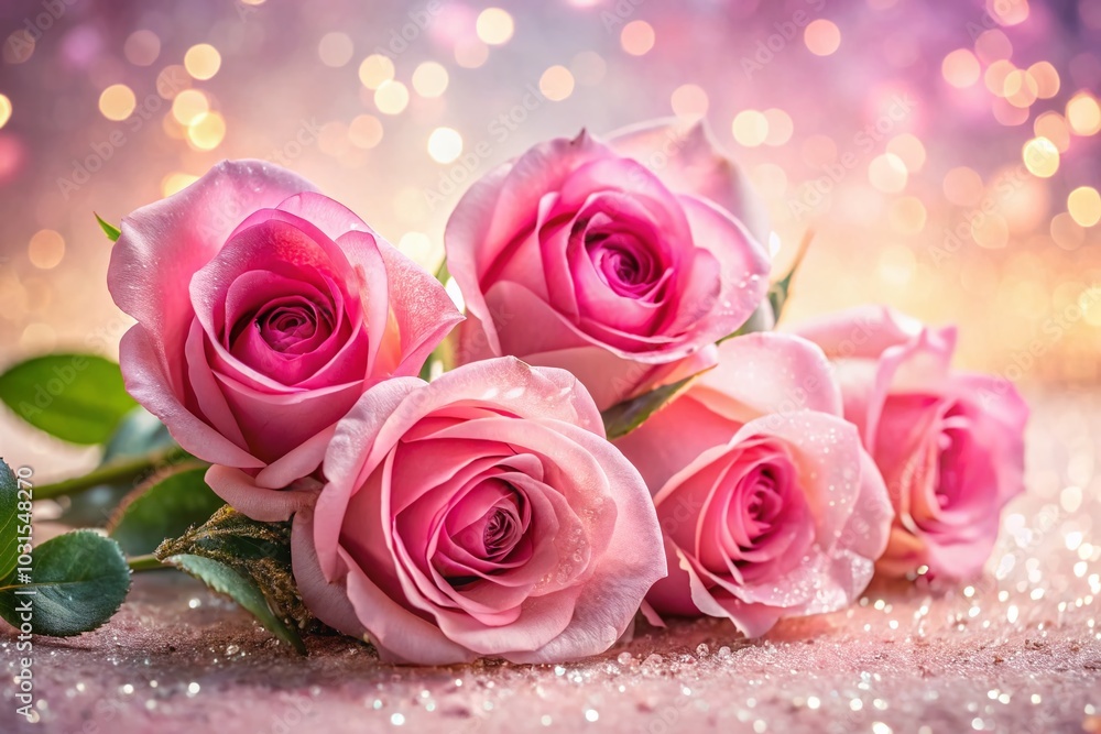 Pink Roses with Glitter on a Soft Pink Background - Spring and Summer Aesthetic Flower Concept Pink Roses with Glitter on a Soft Pink Background - Spring and Summer Aesthetic Flower Concept