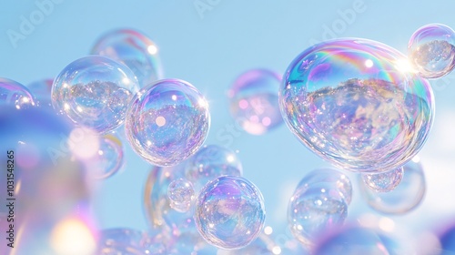 2408 72.An abstract 3D art composition with iridescent soap bubbles floating in a clear blue sky. The bubbles are fluid, forming liquid blobs that shimmer in holographic hues. Their delicate shapes