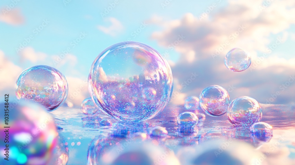 2408 74.A surreal 3D rendering of floating soap bubbles and liquid blobs in an open sky. The bubbles, with their holographic sheen, reflect light in pastel tones of blue, pink, and purple. The 2408 74.A surreal 3D rendering of floating soap bubbles and liquid blobs in an open sky. The bubbles, with their holographic sheen, reflect light in pastel tones of blue, pink, and purple. The
