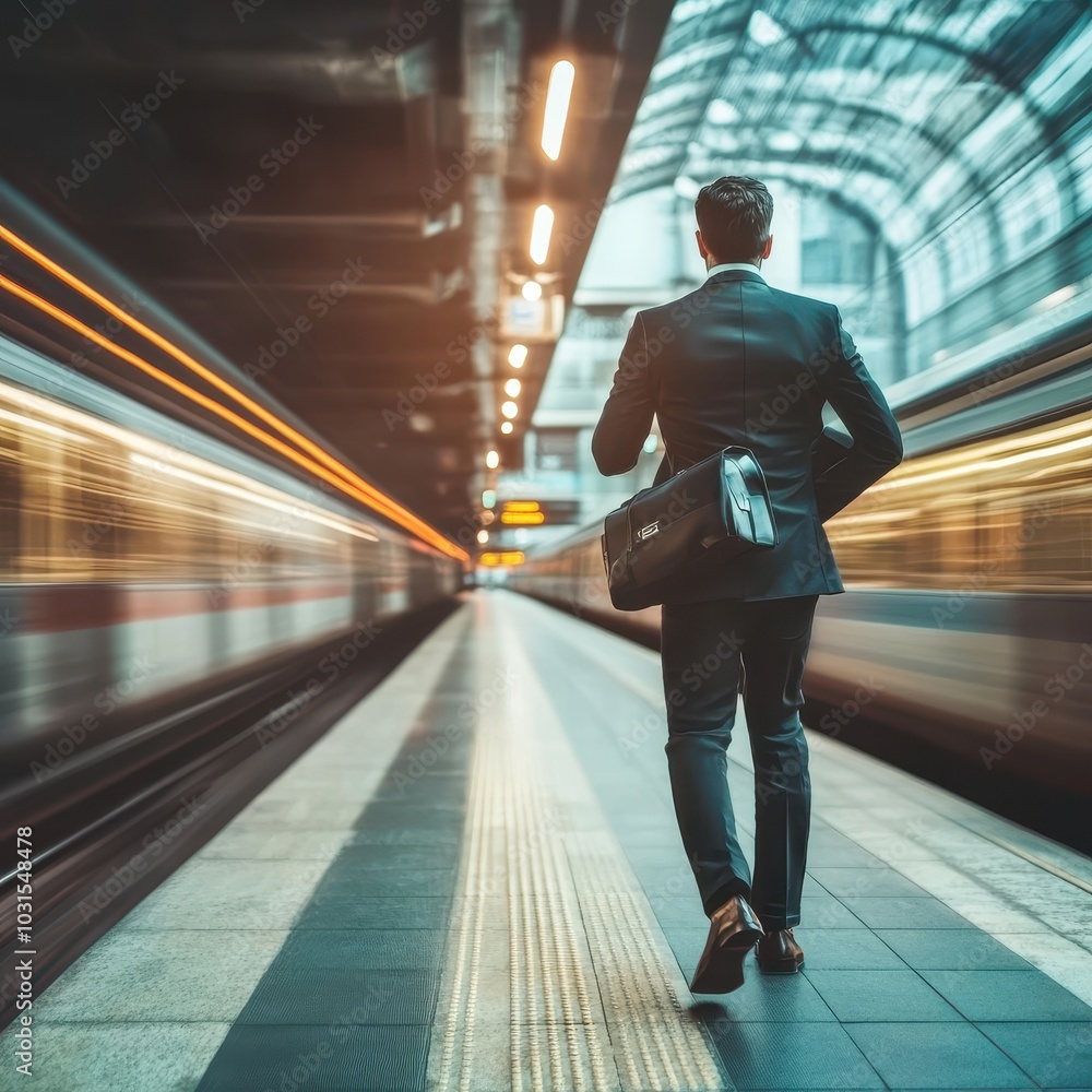 Obraz premium Young businessman man at subway station with blurry moving train in background,work success,high speed train,Modern and fast travel concept,standing on metro platform,Urban life concept.