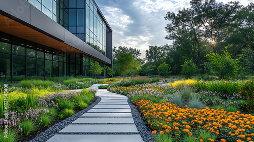 A sleek office tower with clean lines and large windows, standing amidst a beautifully designed garden filled with wild roses, ornamental shrubs, and a tranquil water pond 