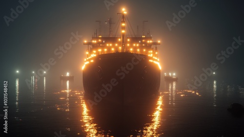 Illuminated ship at night in foggy harbor photo