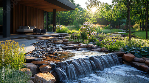 A sleek office tower with clean lines and large windows, standing amidst a beautifully designed garden filled with wild roses, ornamental shrubs, and a tranquil water pond 