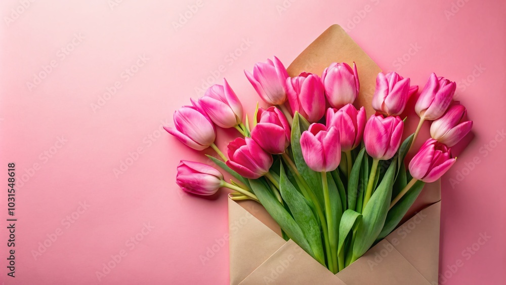 Obraz premium Pink Tulip Bouquet with Craft Envelope and Greeting Card for Holiday Celebrations