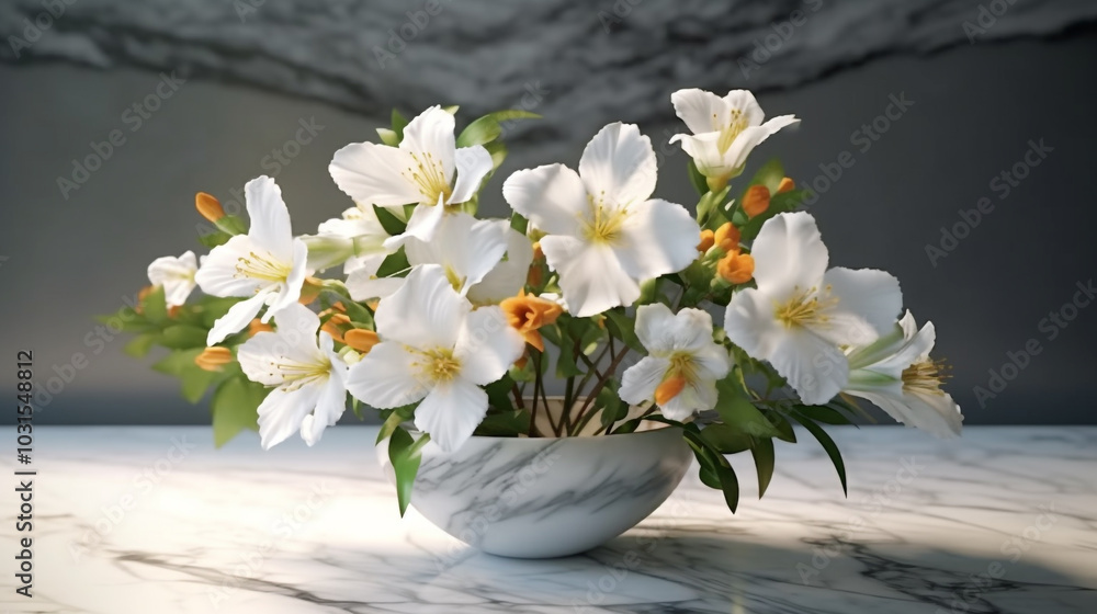 Elegant combination of blooming flowers and gold vase Digital illustration of mixed floral arrangement in ceramic vase, minimalist style, serene backdrop Elegant combination of blooming flowers and gold vase Digital illustration of mixed floral arrangement in ceramic vase, minimalist style, serene backdrop