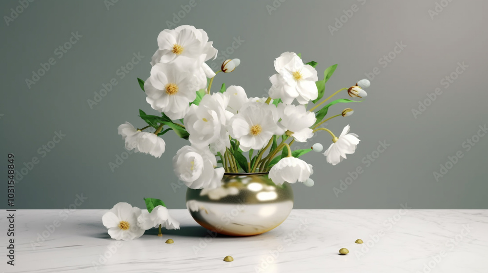 Elegant combination of blooming flowers and gold vase Digital illustration of mixed floral arrangement in ceramic vase, minimalist style, serene backdrop Elegant combination of blooming flowers and gold vase Digital illustration of mixed floral arrangement in ceramic vase, minimalist style, serene backdrop