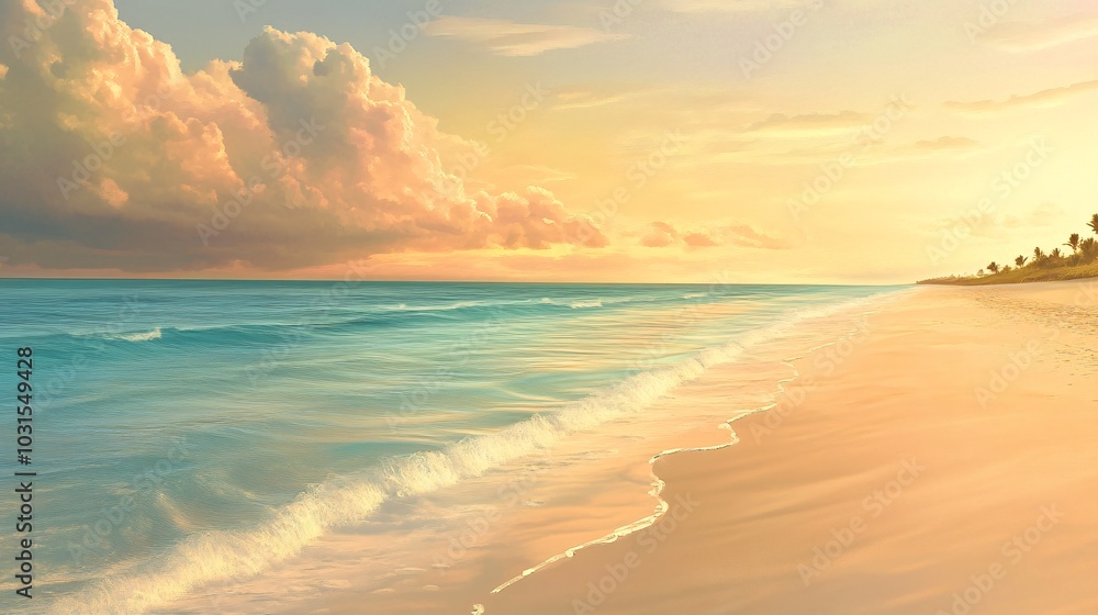 2408 90.A serene summer beach scene featuring fine golden sand and calm, crystal-clear water stretching toward the horizon. The sunset sky is a blend of soft pastel colors, creating a tranquil, 2408 90.A serene summer beach scene featuring fine golden sand and calm, crystal-clear water stretching toward the horizon. The sunset sky is a blend of soft pastel colors, creating a tranquil,