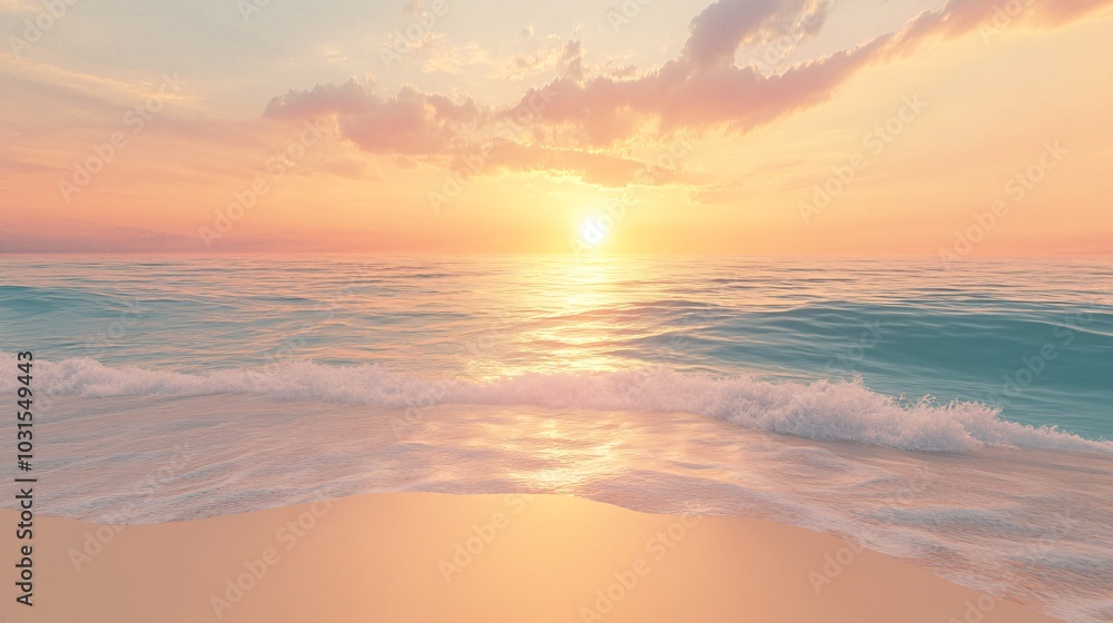 Fototapeta premium 2408 90.A serene summer beach scene featuring fine golden sand and calm, crystal-clear water stretching toward the horizon. The sunset sky is a blend of soft pastel colors, creating a tranquil,