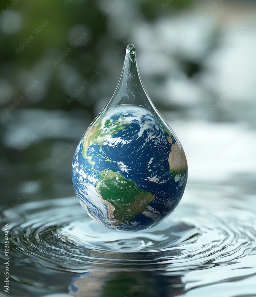 Fototapeta premium Earth globe inside a water droplet, AI generated