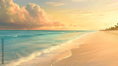 2408 90.A serene summer beach scene featuring fine golden sand and calm, crystal-clear water stretching toward the horizon. The sunset sky is a blend of soft pastel colors, creating a tranquil,