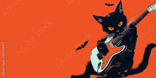Cute kitten cartoon vector illustration with guitar for Halloween card,Generated By Ai