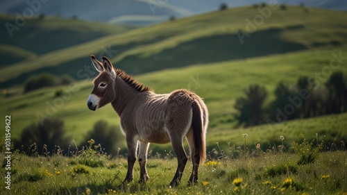 A lone donkey stands in a grassy field with rolling hills in the background.