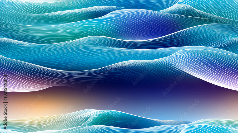The image is a blue and white wave with a purple and orange sunset in the background. The waves are very tall and the colors are very vibrant