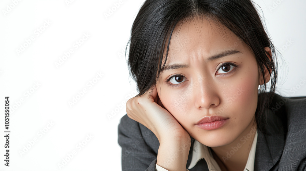 Downcast Chinese Businesswoman, Leaning with Head on Hand in Thought. Downcast Chinese Businesswoman, Leaning with Head on Hand in Thought.