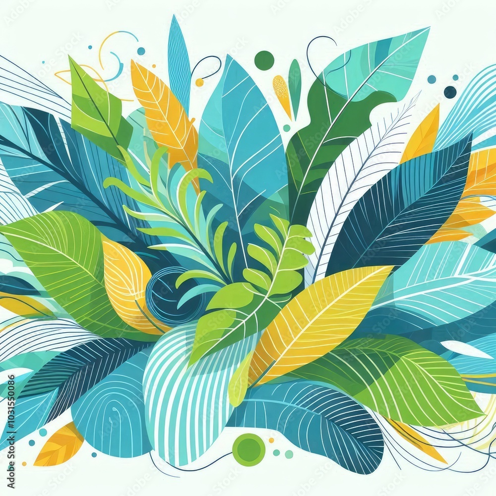 Fototapeta premium Create a vibrant design featuring colorful tropical leaves and organic shapes. Incorporate shades of blue, green, and yellow with playful, layered textures. The background should be light and airy, al