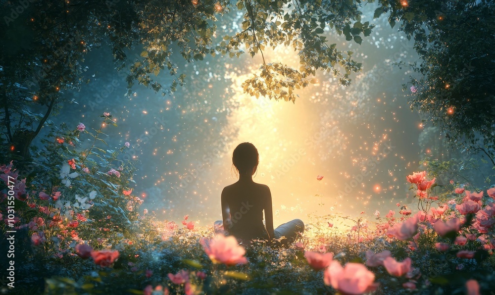 Silhouetted woman sitting in a magical forest. Silhouetted woman sitting in a magical forest.