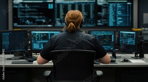 A focused professional analyzing data on multiple screens in a modern control room.