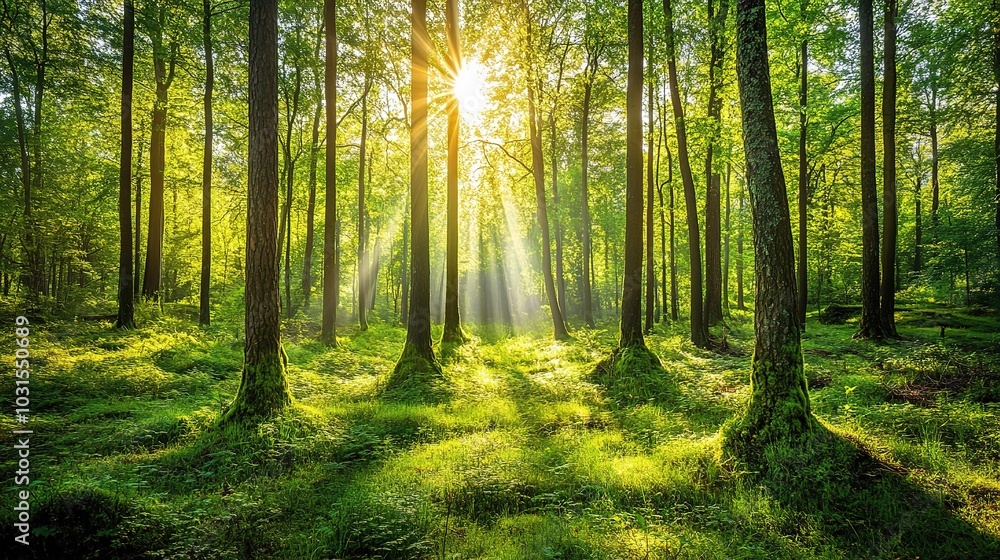 Obraz premium Sunlight Filtering Through a Green Forest