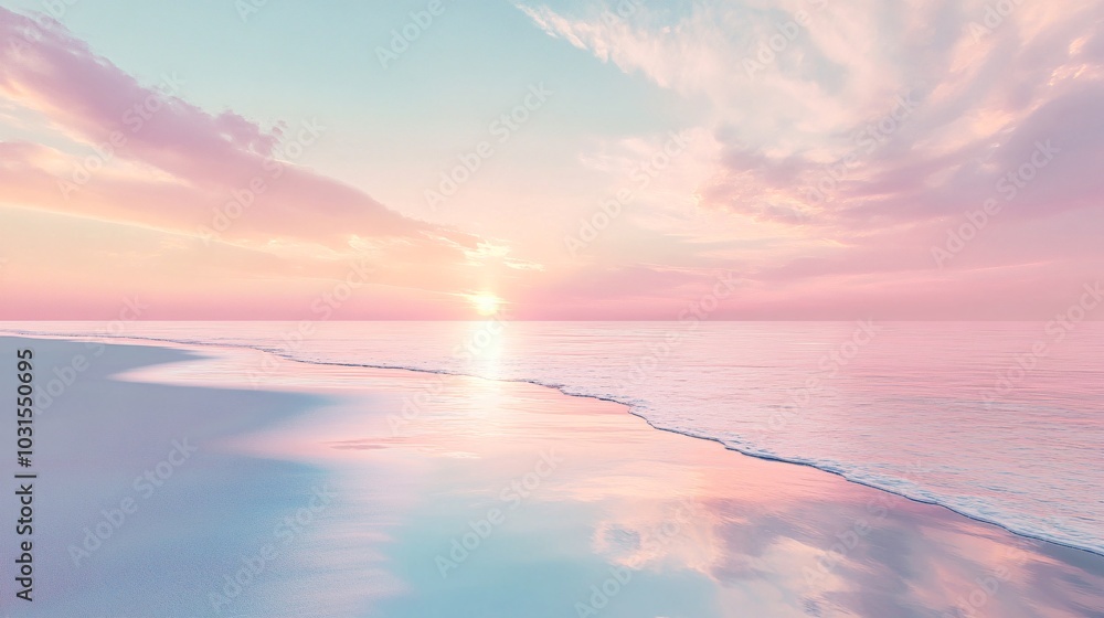 2408 106.A breathtaking sunrise over a tranquil beach with soft pastel tones of pink, lavender, and light blue, reminiscent of cotton candy. The clouds are delicate and wispy, reflecting the soft 2408 106.A breathtaking sunrise over a tranquil beach with soft pastel tones of pink, lavender, and light blue, reminiscent of cotton candy. The clouds are delicate and wispy, reflecting the soft
