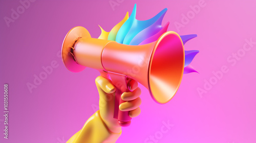 A female hand holding a megaphone, isolated on a pink background. Close up of human hand holding megaphone 