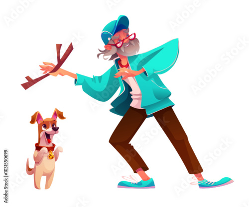 Old senior character play with dog in park vector. Happy grandpa with jump puppy fetch tree branch isolated cartoon design. Cheerful pet with elder owner person playing together and walking clipart