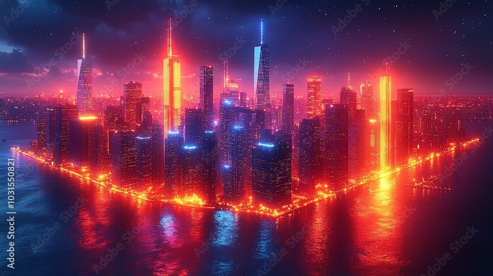 A vibrant, futuristic city skyline illuminated by neon lights at night. A vibrant, futuristic city skyline illuminated by neon lights at night.