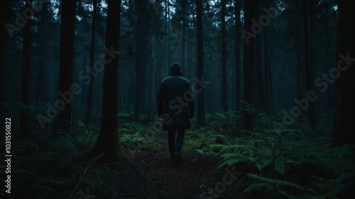 a man is walking in the dark forest covered with trees