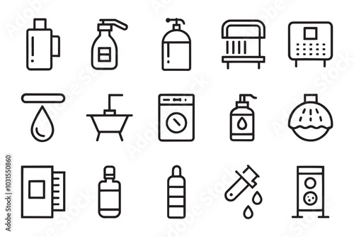  Shower, Plastic Bottle and Glass related editable icon set isolated flat vector illustration white background.