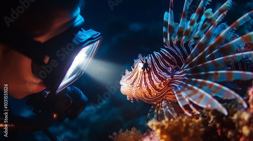 Close-up of a diver observing a lionfish resting among coral at night, their flashlight casting dramatic shadows across the seafloor of Koh Tao. photo