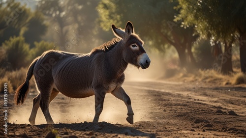 A donkey walks on a dirt road in a dusty, sunny, rural setting.