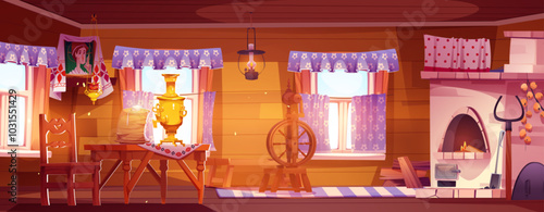 Wooden table in old russian farm kitchen interior vector illustration. Home oven in country cottage. Rural furniture and samovar for traditional tea cooking. Vintage carpet in poor hut environment