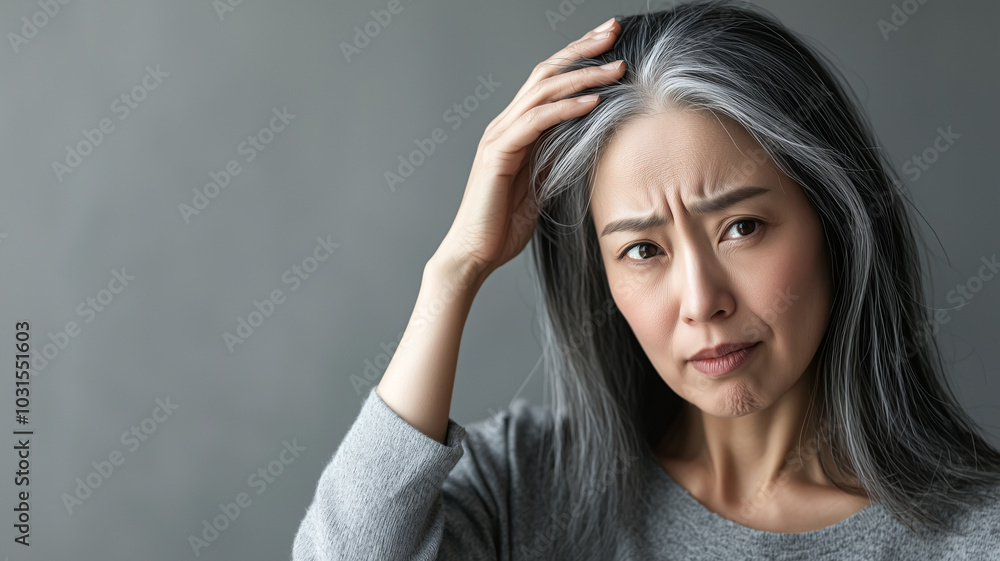 Grey Roots Revealed, Chinese Woman Frowns While Inspecting Her Hair. Grey Roots Revealed, Chinese Woman Frowns While Inspecting Her Hair.