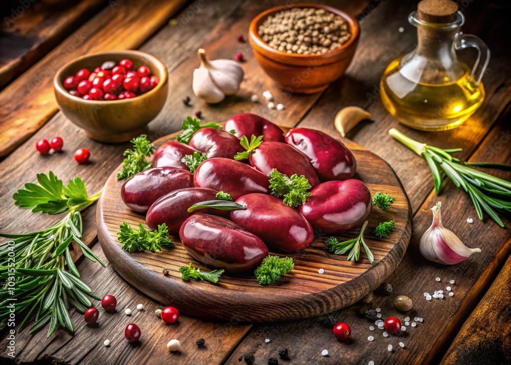 Pork Kidneys on Rustic Wood Background - Conceptual Culinary Art Pork Kidneys on Rustic Wood Background - Conceptual Culinary Art