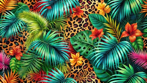 Abstract Tropical Floral Seamless Pattern Featuring Palm Leaves Silhouette and Animal Skin Print for Eco-Inspired Design Projects