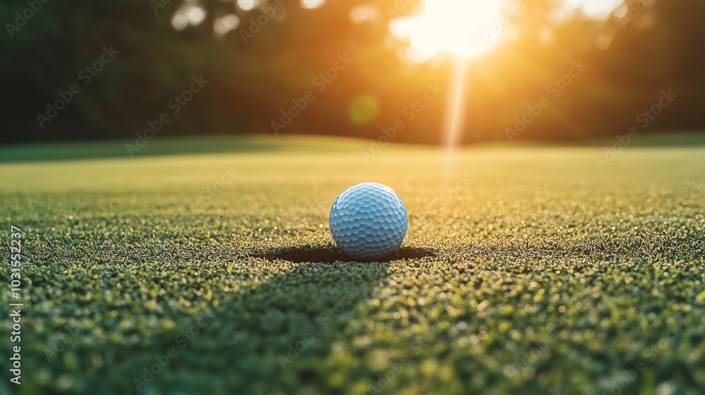 A close-up of a golf ball resting on lush green grass, illuminated by the warm glow of the sunset in the background. A close-up of a golf ball resting on lush green grass, illuminated by the warm glow of the sunset in the background.