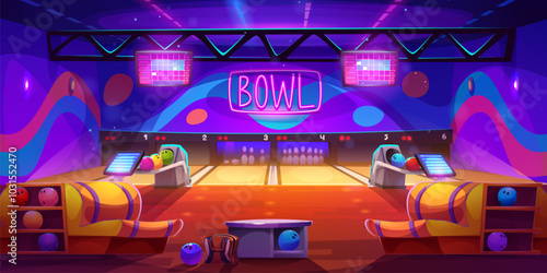Bowling game alley. Empty play club with lane for ball. Indoor leisure interior for tournament with skittles equipment panoramic illustration. Wooden floor and neon led lamp in modern building