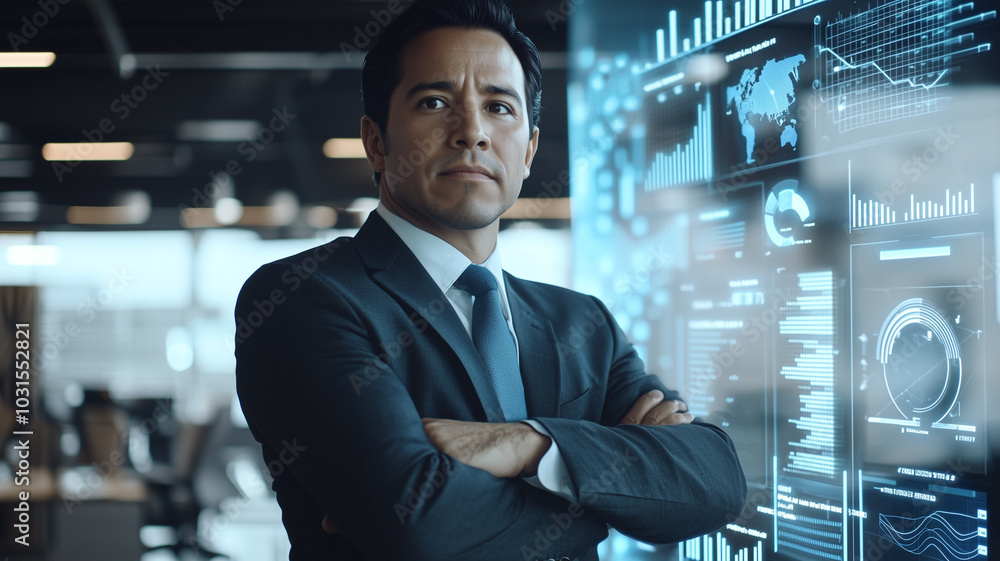 Hispanic Businessman Immersed in Augmented Reality, Analyzing Interactive Graphs.. Hispanic Businessman Immersed in Augmented Reality, Analyzing Interactive Graphs..