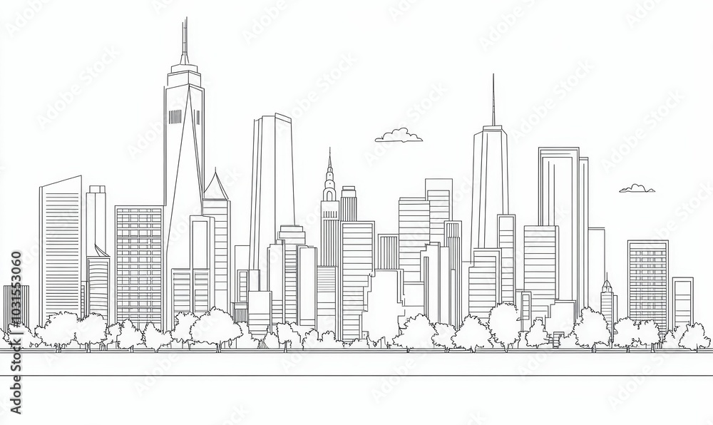 Black and white city skyline with trees. Black and white city skyline with trees.