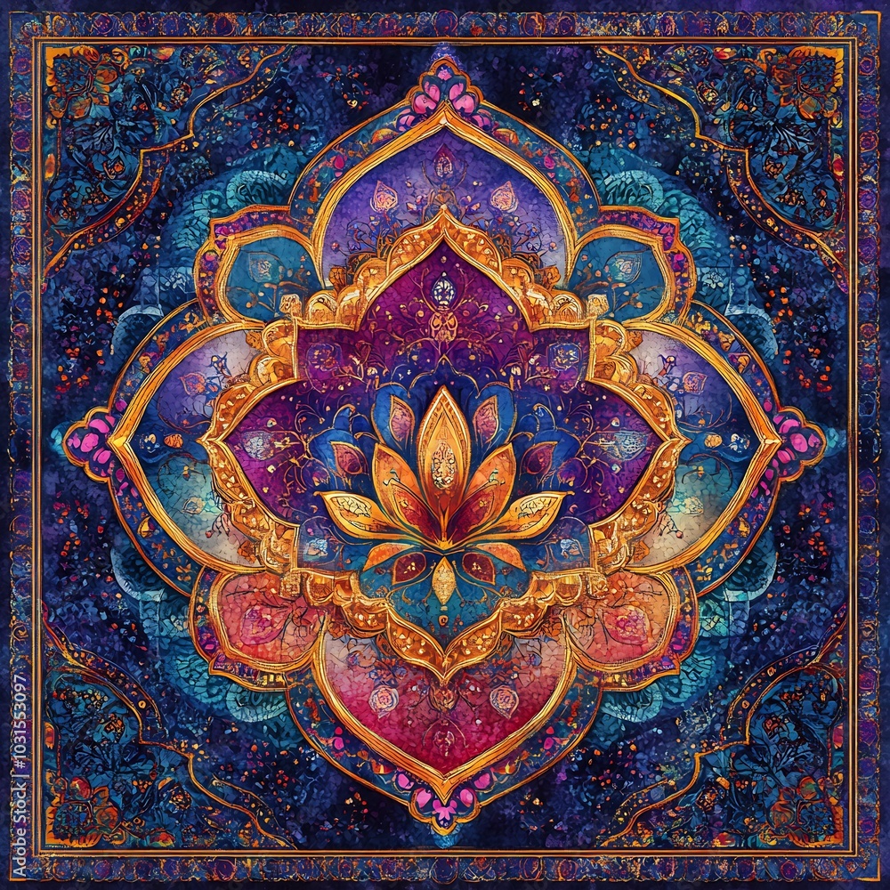 Vibrant Ramadan Kareem greeting card design with an ornate mandala art background in rich jewel tones complemented by elegant typography and subtle decorative details to celebrate the occasion Vibrant Ramadan Kareem greeting card design with an ornate mandala art background in rich jewel tones complemented by elegant typography and subtle decorative details to celebrate the occasion