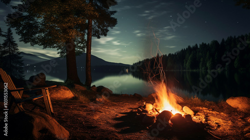 Camping on the shore of a mountain lake at night with a bonfire Generate Ai