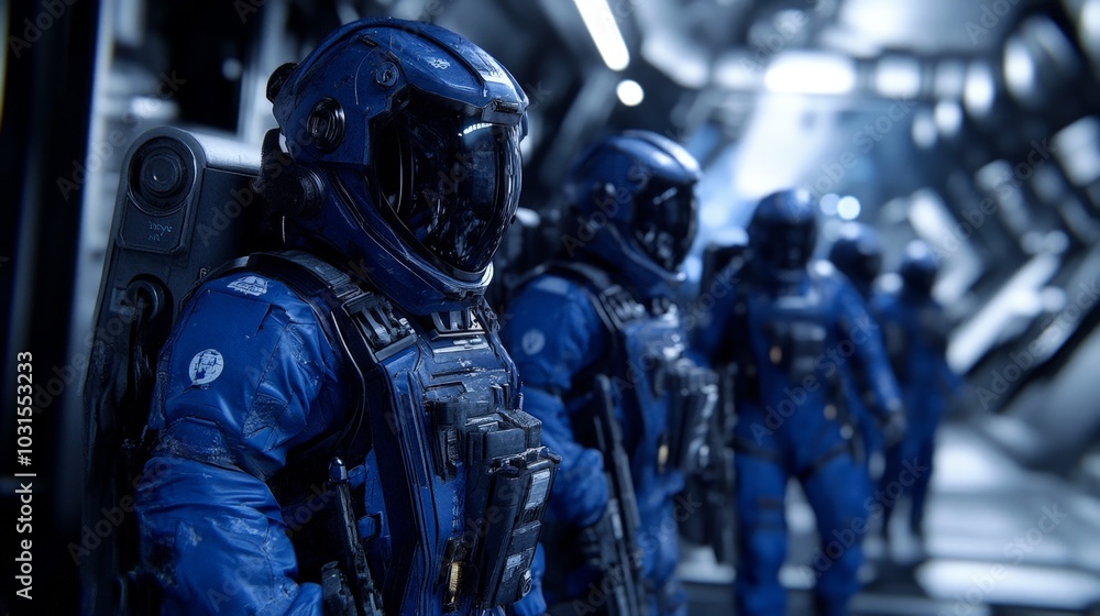 Realistic 20k image of futuristic soldiers in blue spacesuits on a spaceship rescue mission, highly detailed, showing their advanced armor and equipment, capturing a sense of urgency. Realistic 20k image of futuristic soldiers in blue spacesuits on a spaceship rescue mission, highly detailed, showing their advanced armor and equipment, capturing a sense of urgency.