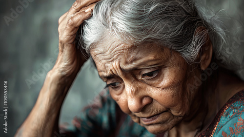 Indian Elderly Woman Gently Feeling Her Hair with Worry in Her Eyes.