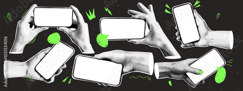 Set of hands with mobile phone and doodle elements. Retro halftone effect. Vector elements in retro pop art style.