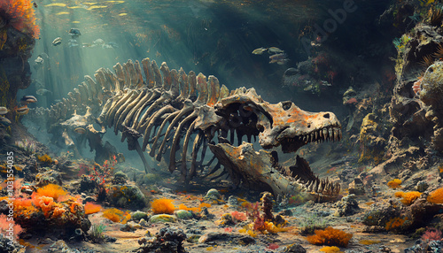 A massive dry seabed covered with the fossilized remains of giant, prehistoric marine creatures and corals