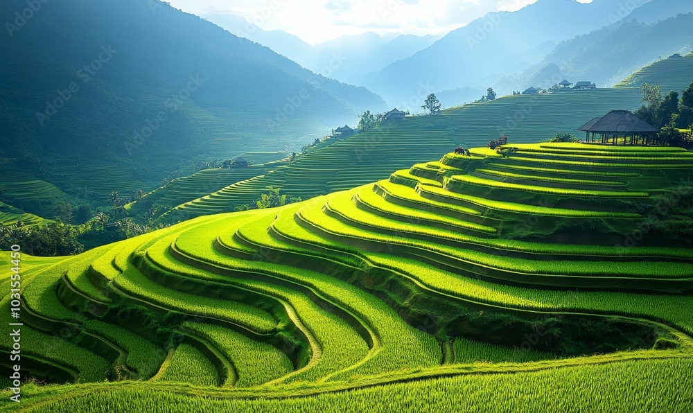Obraz premium Rice paddies on a terraced hillside.