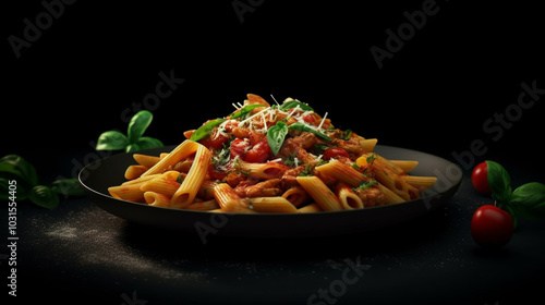 Classic Italian pasta penne all arrabbiata with freshly cheese on the table  Penne pasta with tomato sauce, parmesan cheese and basil, Classic italian pasta penne alla arrabiata with basil and freshl
 photo