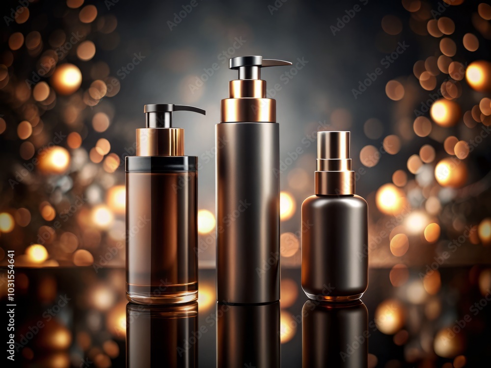 Night Photography of Three Cosmetic Bottle Mockup Set with Two Spray Bottles and a Pump Bottle Emphasizing Elegant Design for Beauty and Skincare Products in a Dark Aesthetic Background Night Photography of Three Cosmetic Bottle Mockup Set with Two Spray Bottles and a Pump Bottle Emphasizing Elegant Design for Beauty and Skincare Products in a Dark Aesthetic Background