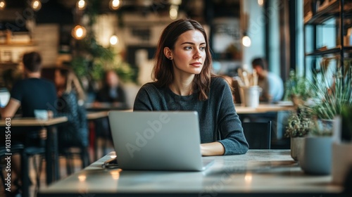 A woman working from a modern coworking space, laptop open, surrounded by other workers in a bustling yet focused environment.